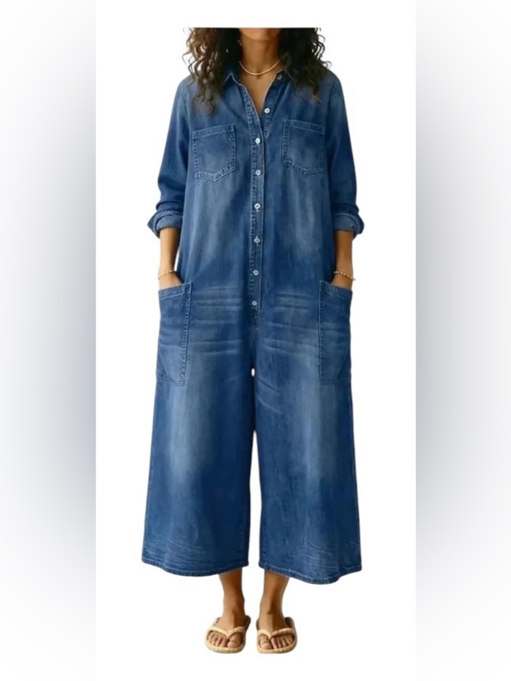 NWT Casual Blue Denim Button-Front Jumpsuit
